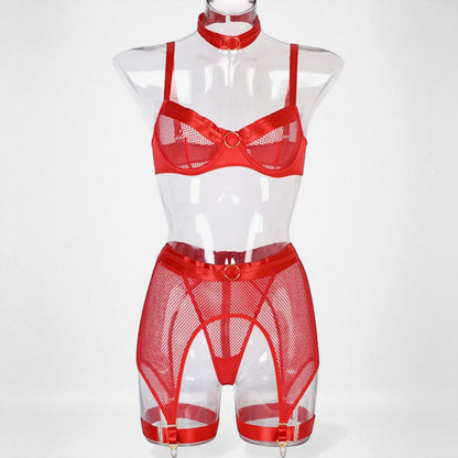 Women’s Mesh Stitching Four-Piece Lingerie Set – Halterneck Bra, Garter Belt & Panties