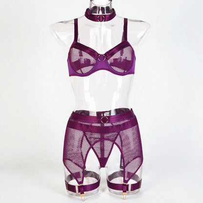 Women’s Mesh Stitching Four-Piece Lingerie Set – Halterneck Bra, Garter Belt & Panties