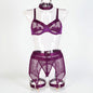 Women’s Mesh Stitching Four-Piece Lingerie Set – Halterneck Bra, Garter Belt & Panties