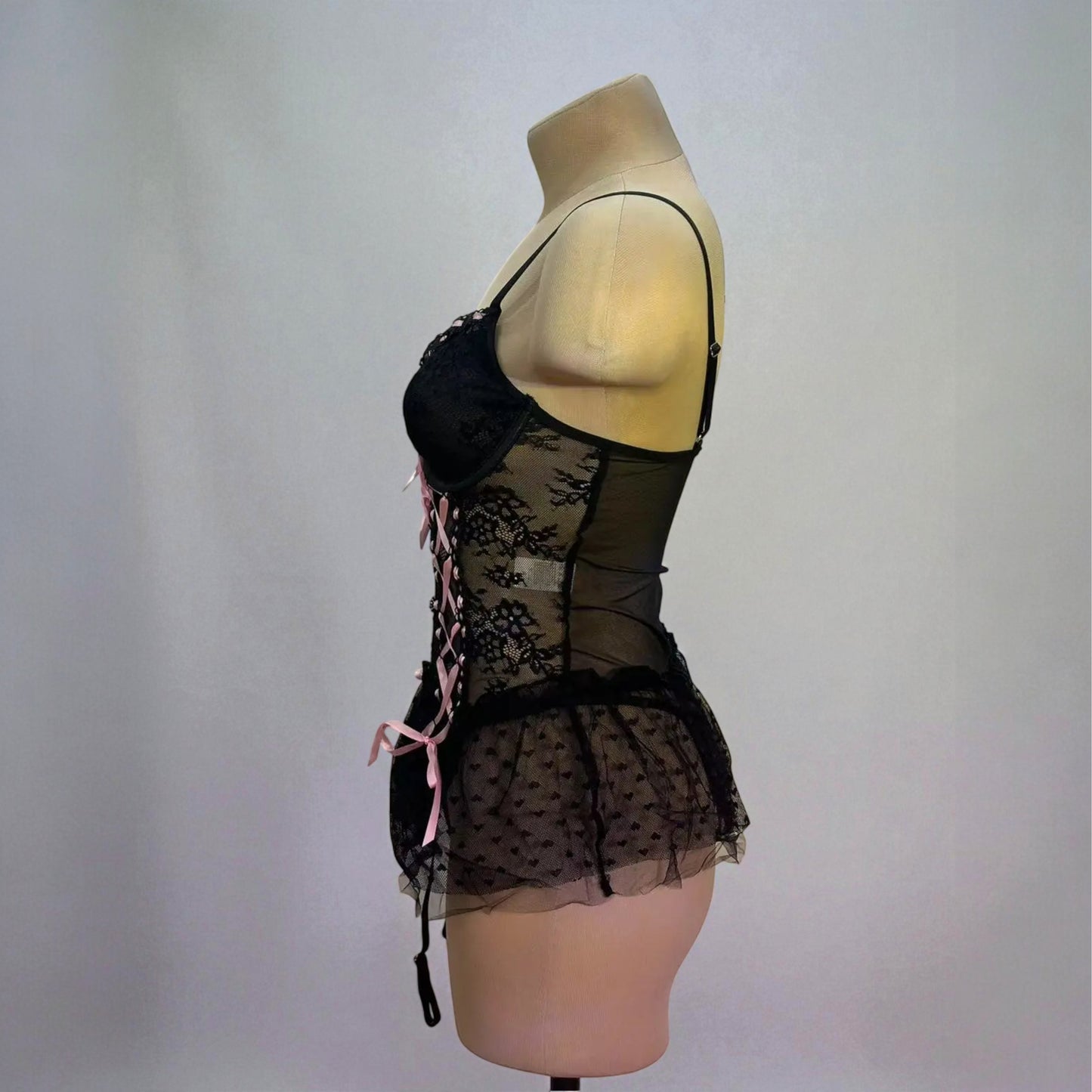 Sexy Lace Corset Lingerie Set with Garter Belt and Bow Details – Retro Lingerie Dress for Women
