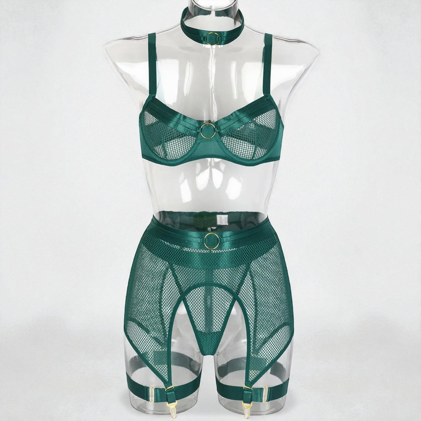 Women’s Mesh Stitching Four-Piece Lingerie Set – Halterneck Bra, Garter Belt & Panties