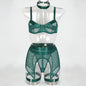 Women’s Mesh Stitching Four-Piece Lingerie Set – Halterneck Bra, Garter Belt & Panties