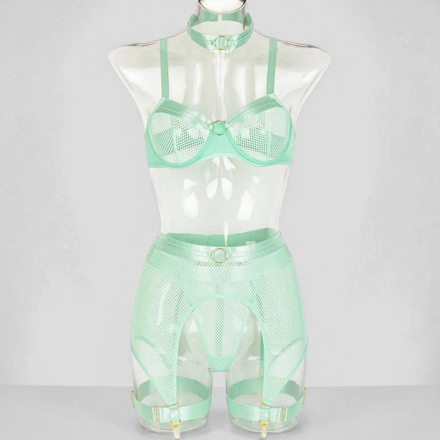 Women’s Mesh Stitching Four-Piece Lingerie Set – Halterneck Bra, Garter Belt & Panties
