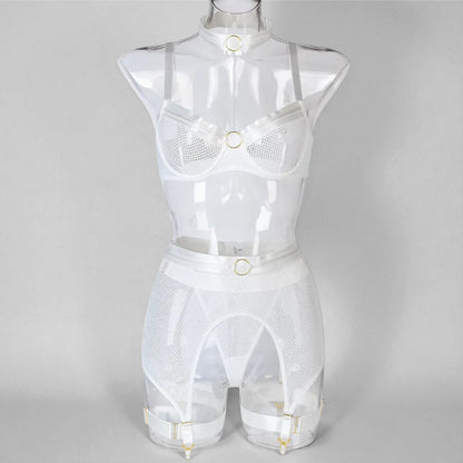 Women’s Mesh Stitching Four-Piece Lingerie Set – Halterneck Bra, Garter Belt & Panties