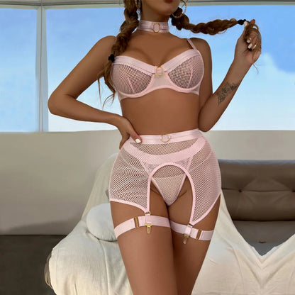 Women’s Mesh Stitching Four-Piece Lingerie Set – Halterneck Bra, Garter Belt & Panties