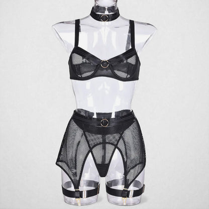 Women’s Mesh Stitching Four-Piece Lingerie Set – Halterneck Bra, Garter Belt & Panties