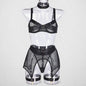 Women’s Mesh Stitching Four-Piece Lingerie Set – Halterneck Bra, Garter Belt & Panties