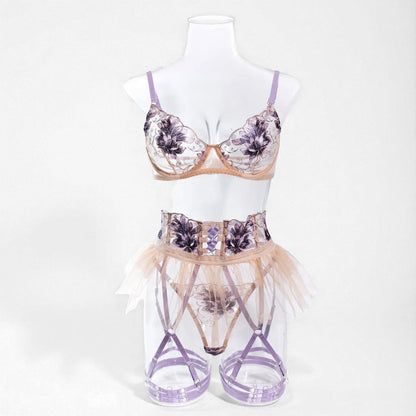 Apricot Mesh Embroidered Skirt 4-Piece Ultra Sexy Lingerie Set