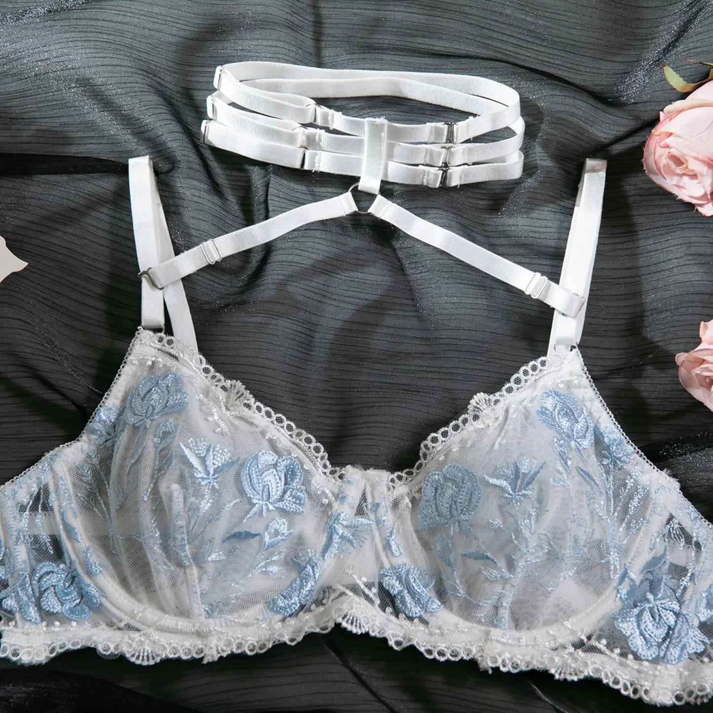 Embroidered White Lace Lingerie Set – Sexy 3-Piece Bra, Thong & Garter Belt | Sheer Floral Bridal Lingerie