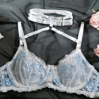 Embroidered White Lace Lingerie Set – Sexy 3-Piece Bra, Thong & Garter Belt | Sheer Floral Bridal Lingerie