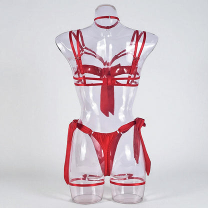 Satin Sexy Dew Leg Ring Strap 4-Piece Lingerie Set