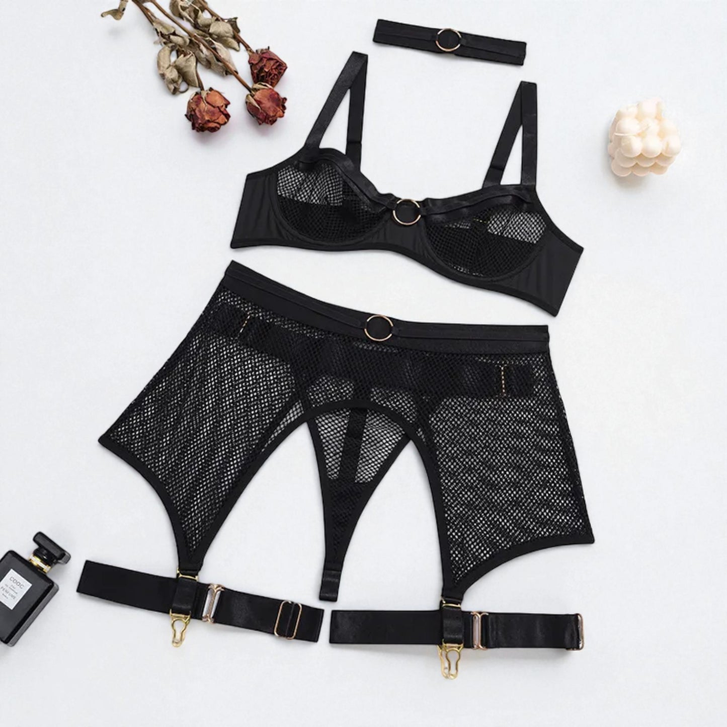 Women’s Mesh Stitching Four-Piece Lingerie Set – Halterneck Bra, Garter Belt & Panties