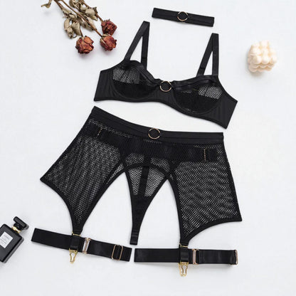 Women’s Mesh Stitching Four-Piece Lingerie Set – Halterneck Bra, Garter Belt & Panties