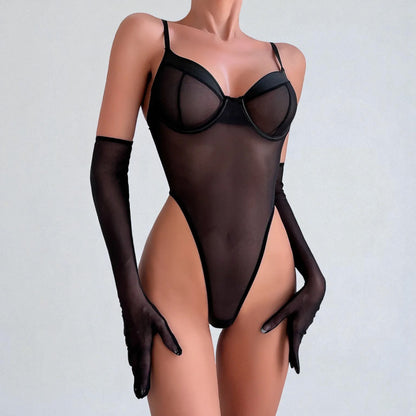 Bodysuit Lace Transparent Mesh with Gloves – Sexy Lingerie Set