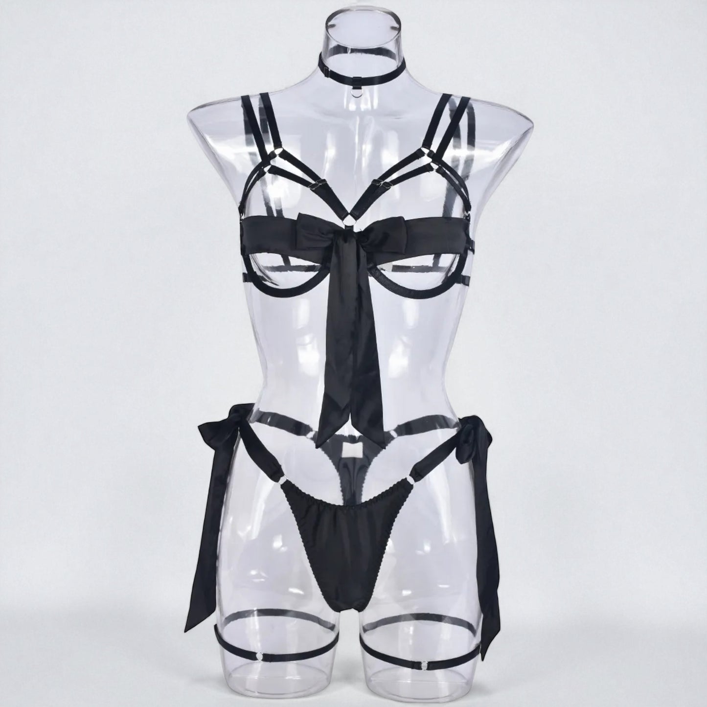 Satin Sexy Dew Leg Ring Strap 4-Piece Lingerie Set