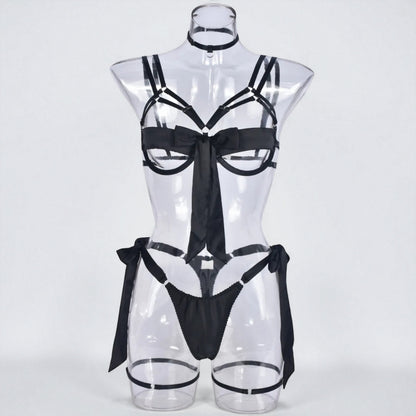 Satin Sexy Dew Leg Ring Strap 4-Piece Lingerie Set