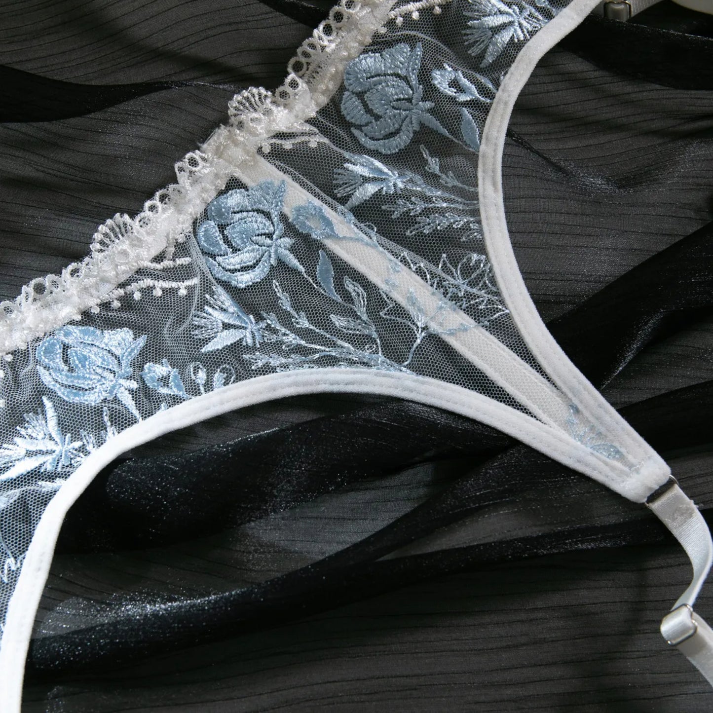 Embroidered White Lace Lingerie Set – Sexy 3-Piece Bra, Thong & Garter Belt | Sheer Floral Bridal Lingerie