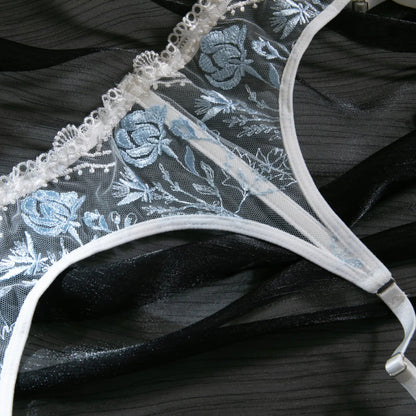 Embroidered White Lace Lingerie Set – Sexy 3-Piece Bra, Thong & Garter Belt | Sheer Floral Bridal Lingerie