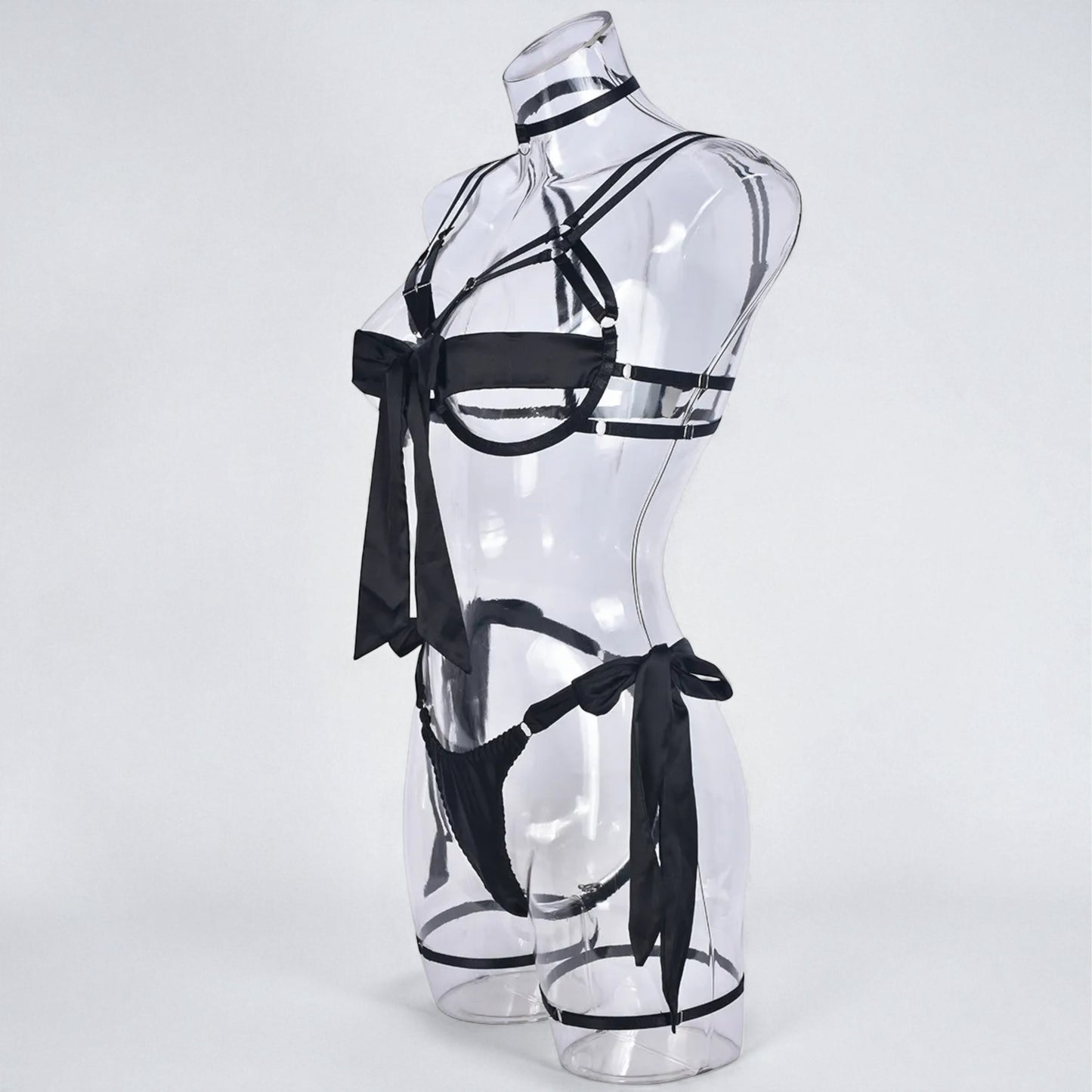Satin Sexy Dew Leg Ring Strap 4-Piece Lingerie Set