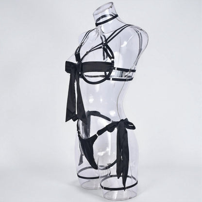 Satin Sexy Dew Leg Ring Strap 4-Piece Lingerie Set