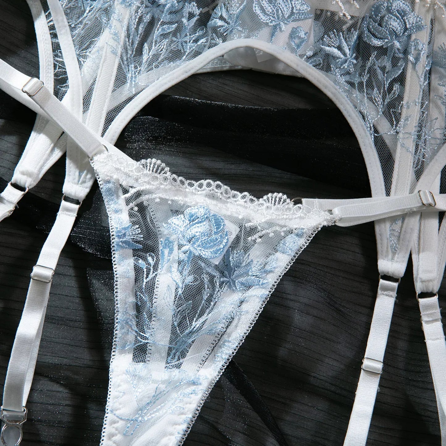 Embroidered White Lace Lingerie Set – Sexy 3-Piece Bra, Thong & Garter Belt | Sheer Floral Bridal Lingerie