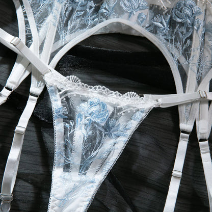 Embroidered White Lace Lingerie Set – Sexy 3-Piece Bra, Thong & Garter Belt | Sheer Floral Bridal Lingerie