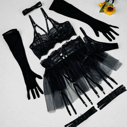 Pettiskirt See-Through Lace Lingerie 6-Piece Set – Elegant Black Veil Design