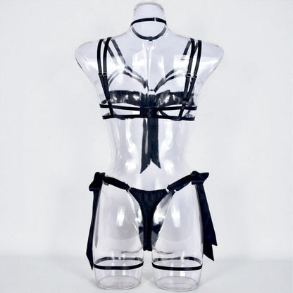 Satin Sexy Dew Leg Ring Strap 4-Piece Lingerie Set