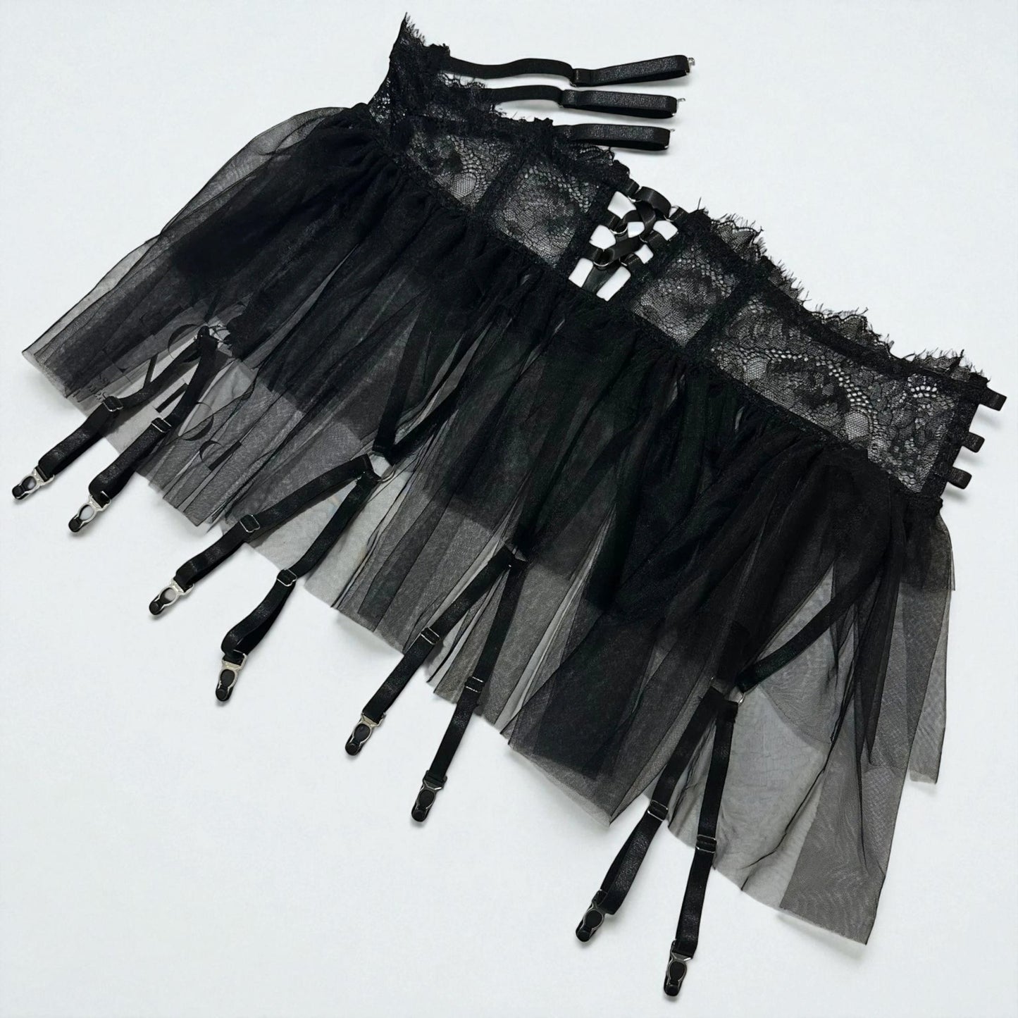 Pettiskirt See-Through Lace Lingerie 6-Piece Set – Elegant Black Veil Design