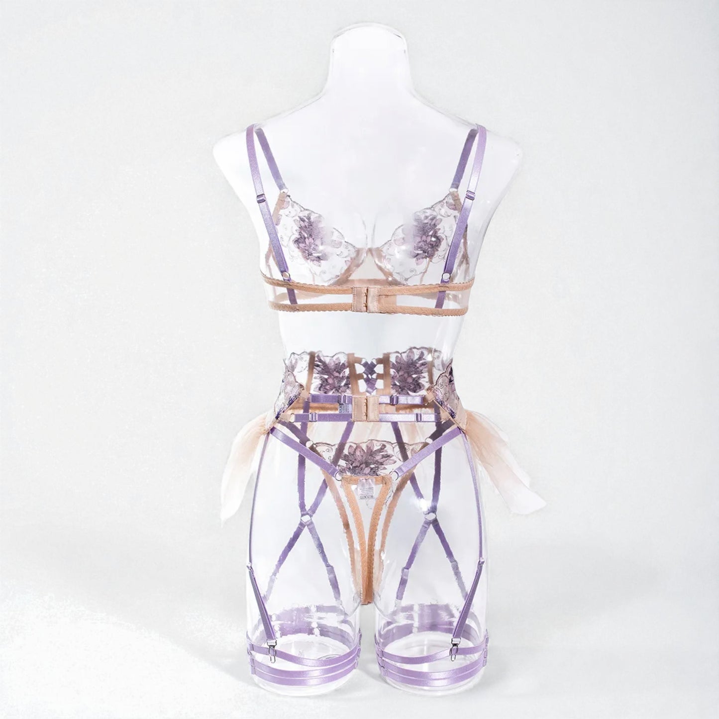 Apricot Mesh Embroidered Skirt 4-Piece Ultra Sexy Lingerie Set