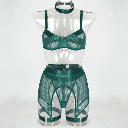 Women’s Mesh Stitching Four-Piece Lingerie Set – Halterneck Bra, Garter Belt & Panties