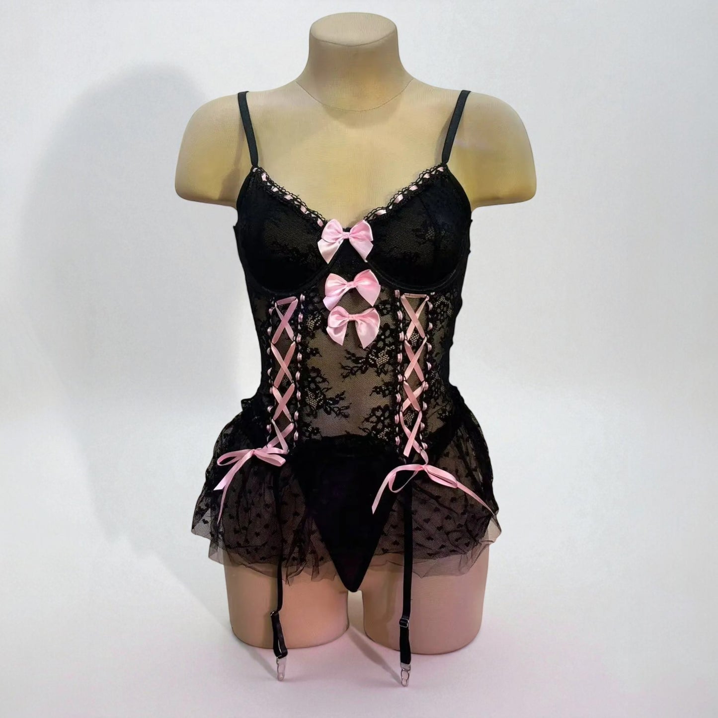 Sexy Lace Corset Lingerie Set with Garter Belt and Bow Details – Retro Lingerie Dress for Women
