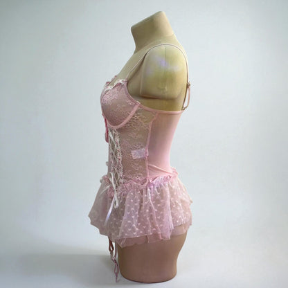 Sexy Lace Corset Lingerie Set with Garter Belt and Bow Details – Retro Lingerie Dress for Women