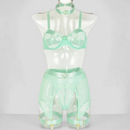 Women’s Mesh Stitching Four-Piece Lingerie Set – Halterneck Bra, Garter Belt & Panties