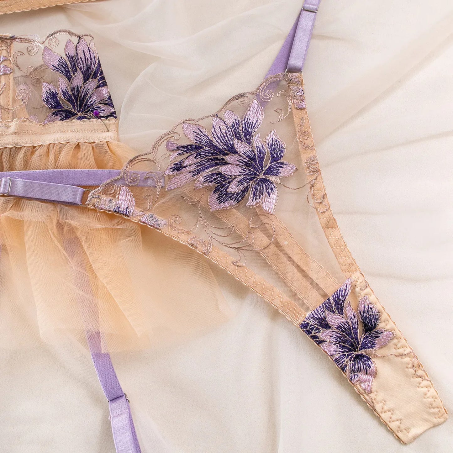Apricot Mesh Embroidered Skirt 4-Piece Ultra Sexy Lingerie Set