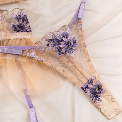 Apricot Mesh Embroidered Skirt 4-Piece Ultra Sexy Lingerie Set