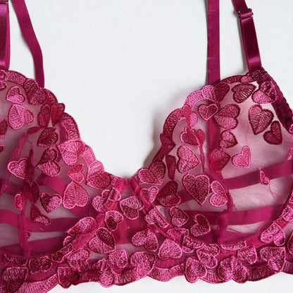 Embroidered Heart Lace Sexy 4-Piece Lingerie Suit