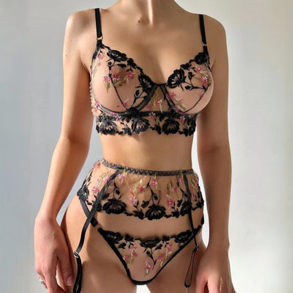 Black Cross Lace Embroidered 3-Piece Steel-Ring Sexy Lingerie Set