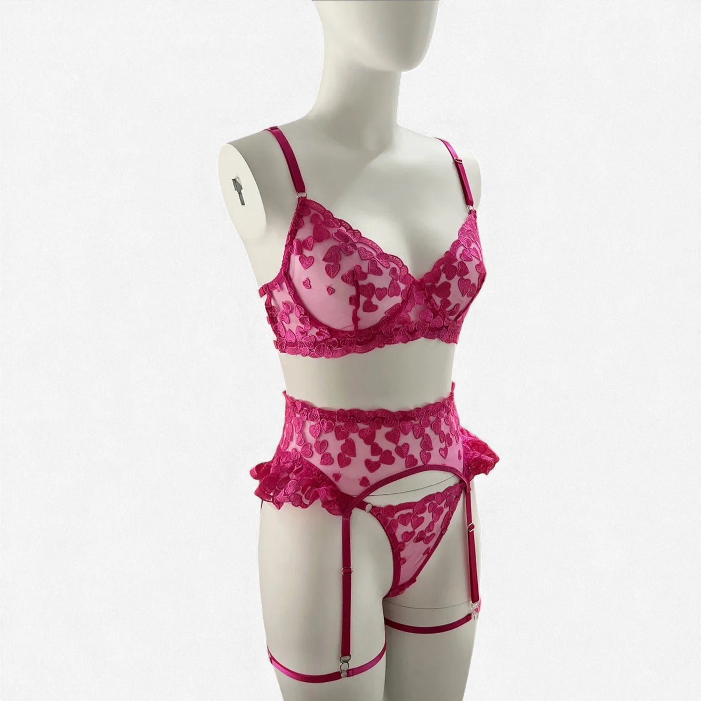 Embroidered Heart Lace Sexy 4-Piece Lingerie Suit