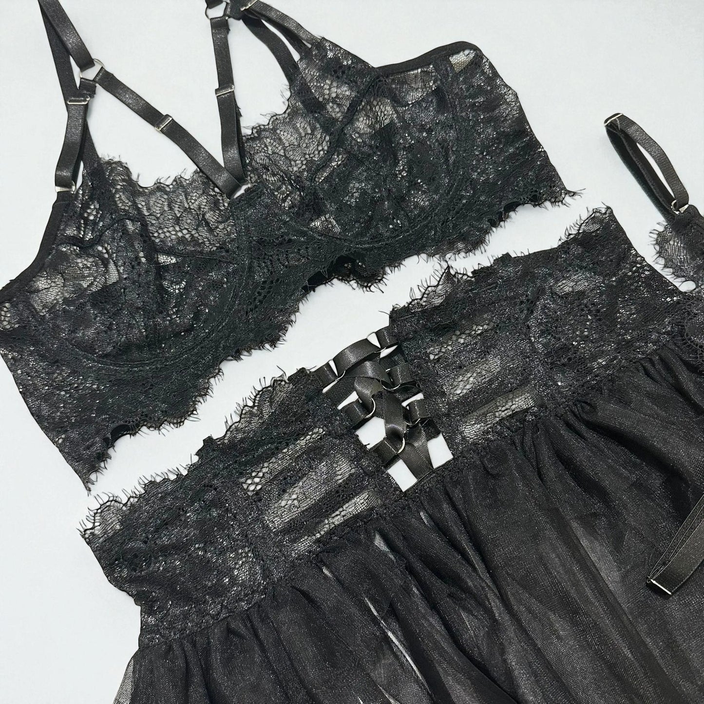Pettiskirt See-Through Lace Lingerie 6-Piece Set – Elegant Black Veil Design