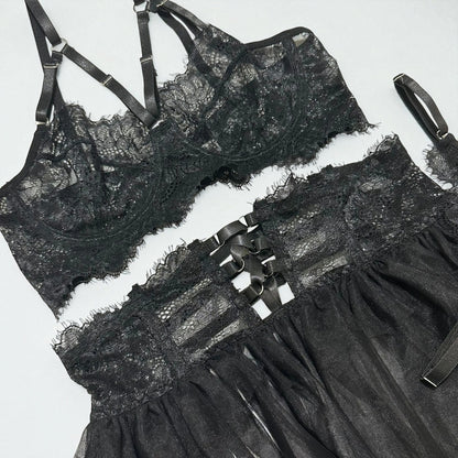 Pettiskirt See-Through Lace Lingerie 6-Piece Set – Elegant Black Veil Design
