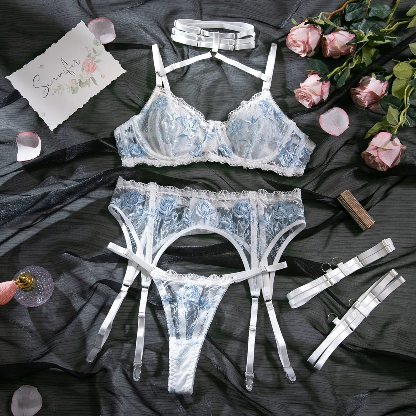 Embroidered White Lace Lingerie Set – Sexy 3-Piece Bra, Thong & Garter Belt | Sheer Floral Bridal Lingerie