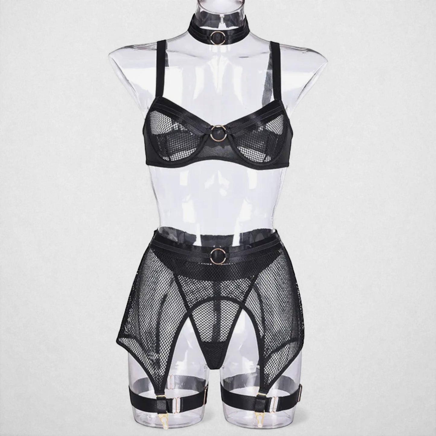 Women’s Mesh Stitching Four-Piece Lingerie Set – Halterneck Bra, Garter Belt & Panties