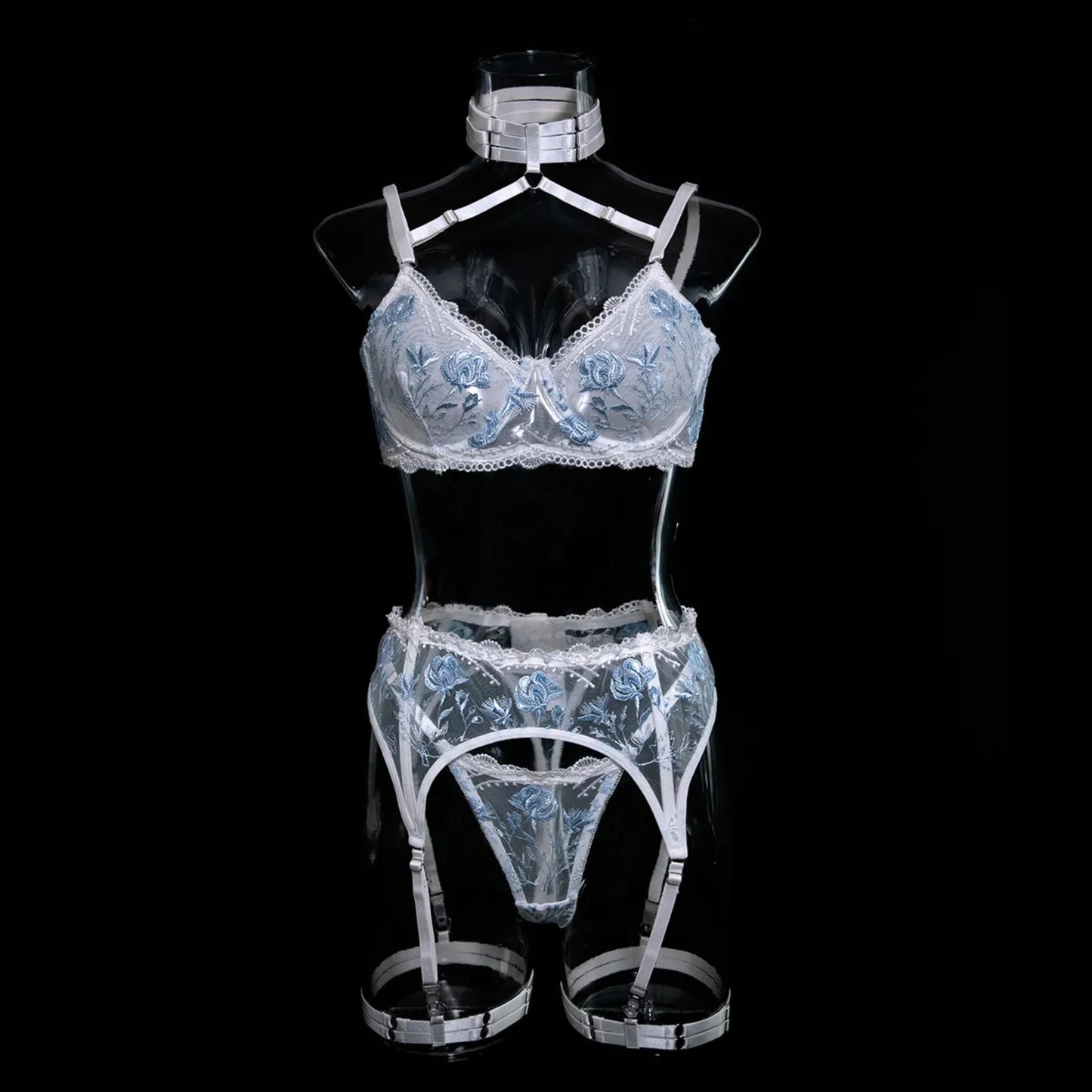 Embroidered White Lace Lingerie Set – Sexy 3-Piece Bra, Thong & Garter Belt | Sheer Floral Bridal Lingerie