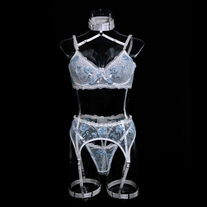 Embroidered White Lace Lingerie Set – Sexy 3-Piece Bra, Thong & Garter Belt | Sheer Floral Bridal Lingerie