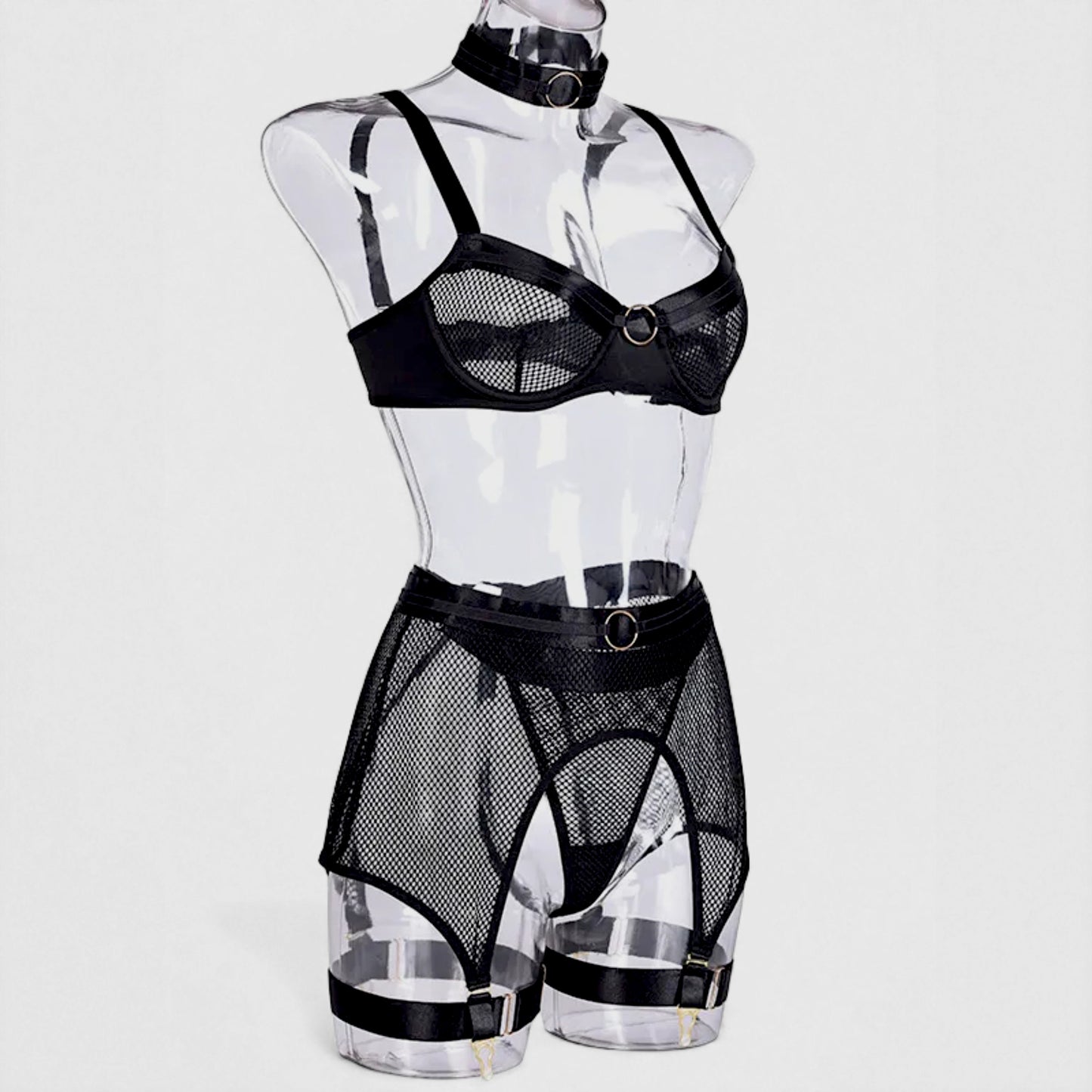 Women’s Mesh Stitching Four-Piece Lingerie Set – Halterneck Bra, Garter Belt & Panties