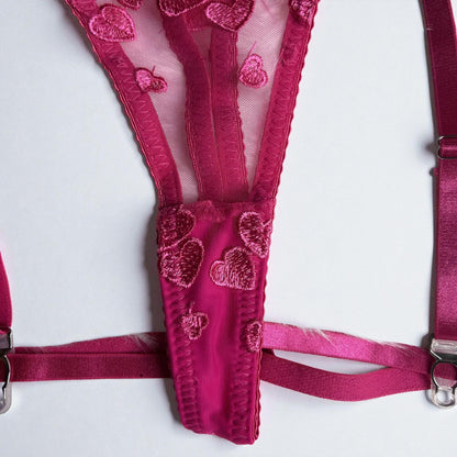 Embroidered Heart Lace Sexy 4-Piece Lingerie Suit