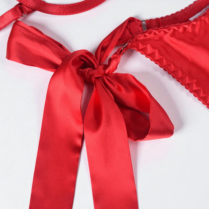 Satin Sexy Dew Leg Ring Strap 4-Piece Lingerie Set