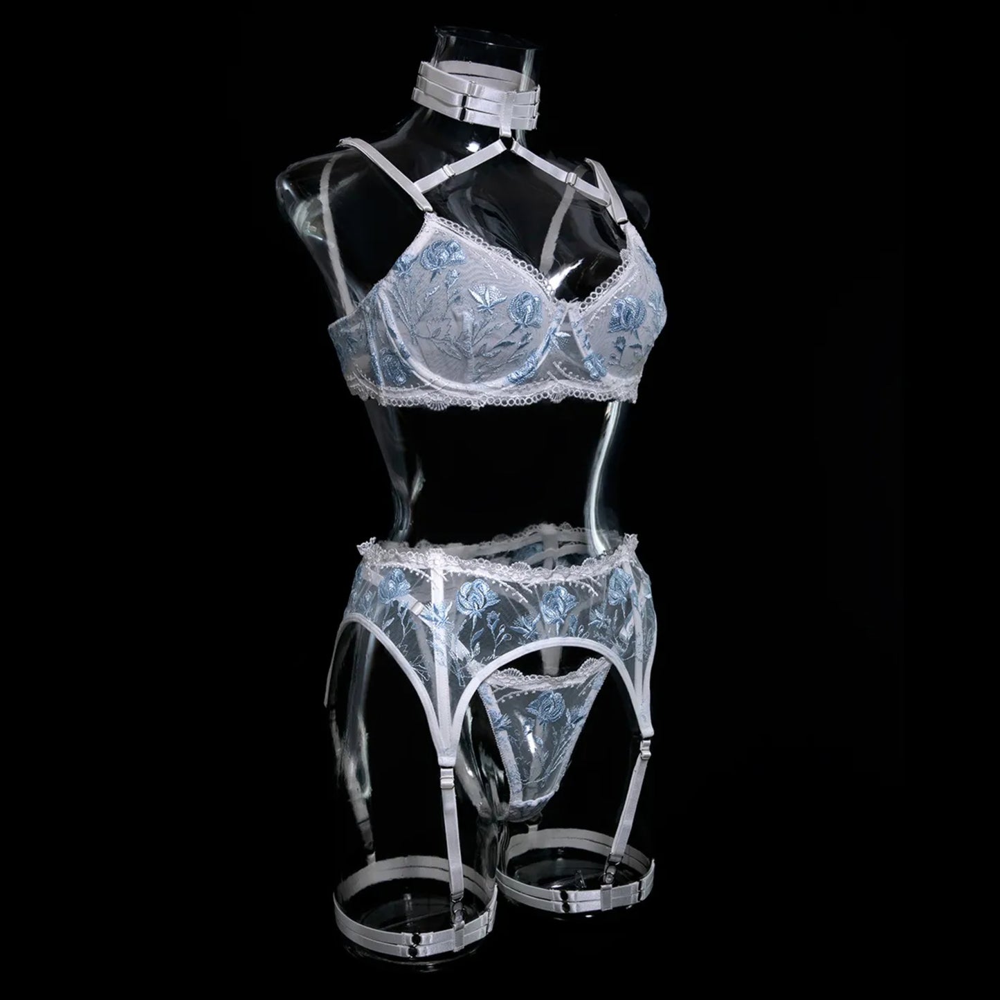 Embroidered White Lace Lingerie Set – Sexy 3-Piece Bra, Thong & Garter Belt | Sheer Floral Bridal Lingerie