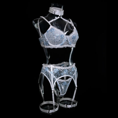 Embroidered White Lace Lingerie Set – Sexy 3-Piece Bra, Thong & Garter Belt | Sheer Floral Bridal Lingerie